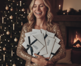 Frau in goldenem Kleid hält mehrere HOCHKÖNIGIN-Gutscheine vor einem festlich geschmückten Weihnachtsbaum mit Kaminfeuer im Hintergrund – edle Geschenkidee aus Maria Alm.