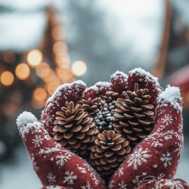 Red winter gloves holding pinecones in front of sparkling lights at an Advent market in Salzburg.
