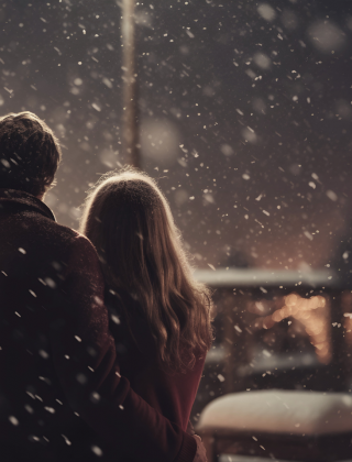 Paar genießt den Anblick eines leuchtenden Weihnachtsbaums im sanften Schneefall während des Advents in Maria Alm.