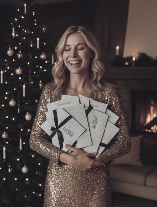 Smiling woman in a sparkling dress holding HOCHKÖNIGIN gift vouchers in front of a Christmas tree and fireplace – the perfect holiday gift idea.