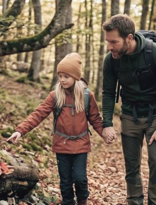 Vater und Tochter entdecken Pilze bei einer Familienwanderung im Wald in Maria Alm am Hochkönig.