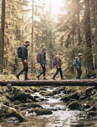 Familie wandert über eine Holzbrücke entlang eines Waldbachs auf einem Wanderweg in Maria Alm am Hochkönig im Salzburger Land.