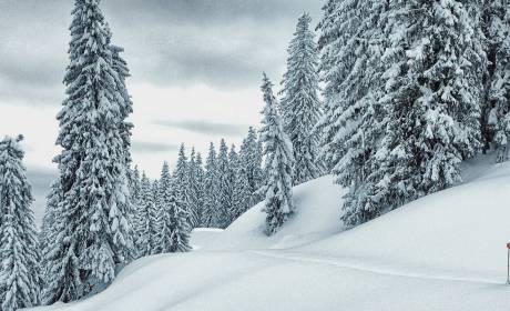 Man snowshoeing in the snowy winter landscape in the mountains in the province of Salzburg