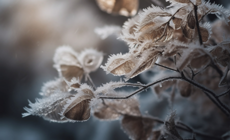Macro shot of frozen leaves covered in frost crystals – winter details around Hotel die HOCHKÖNIGIN in Maria Alm.