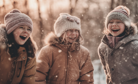 Three laughing children enjoy the snowfall during a winter holiday in Maria Alm – pure joy and unforgettable family moments at die HOCHKÖNIGIN.