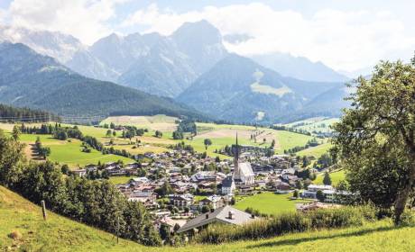 Panorama view of Maria Alm village with the Hochkönig mountains in the Austrian Alps