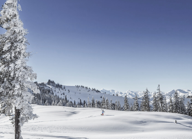 Snow-covered winter landscape with panoramic Alpine views around Aktivhotel die HOCHKÖNIGIN in Maria Alm.