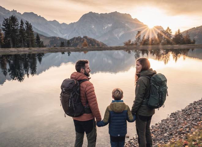 Familie genießt den Sonnenuntergang am Prinzensee mit Blick auf das Hochkönig-Massiv in Maria Alm.