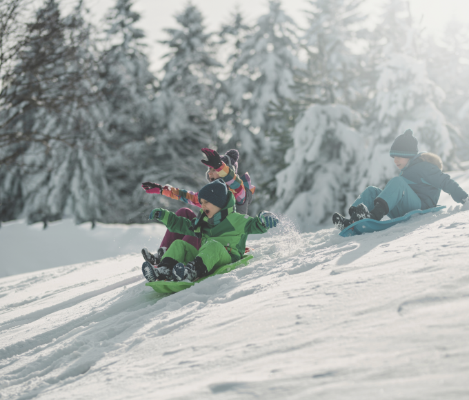Children tobogganing in the snowy mountains 