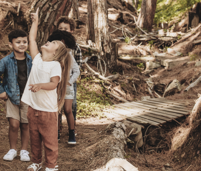 Laughing and running children in the forest