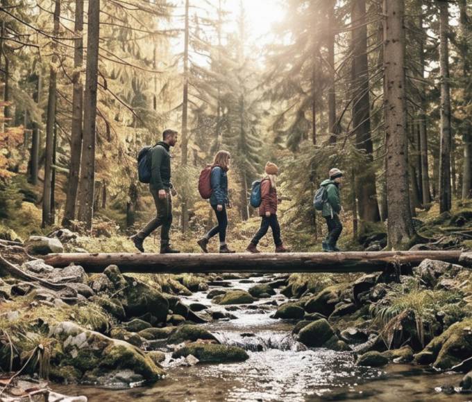 Familie wandert über eine Holzbrücke entlang eines Waldbachs auf einem Wanderweg in Maria Alm am Hochkönig im Salzburger Land.