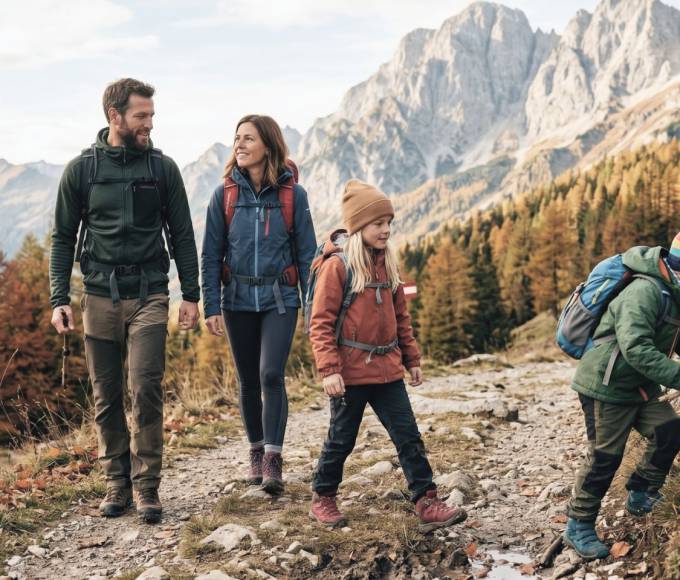 Familie mit zwei Kindern auf einer Wanderung durch die Berglandschaft am Hochkönig in Maria Alm im Salzburger Land.