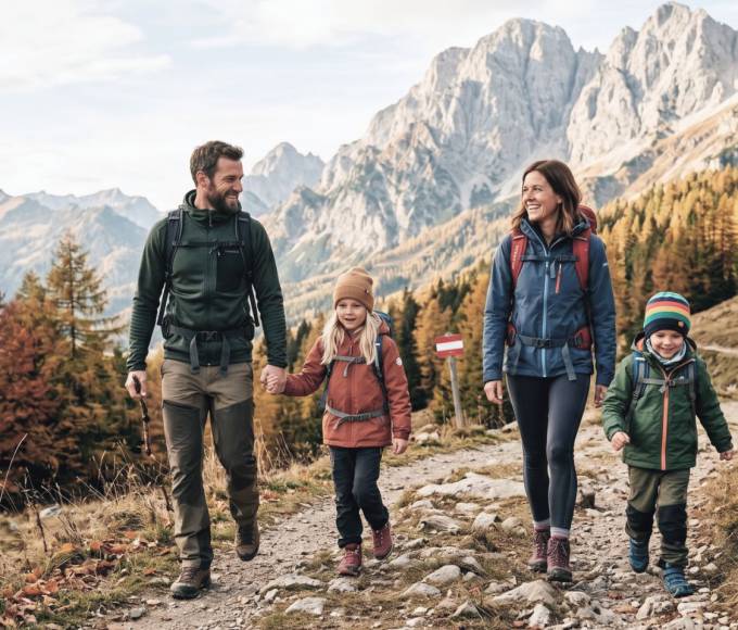 Familie mit zwei Kindern genießt eine Wanderung durch die Berglandschaft am Hochkönig in Maria Alm im Salzburger Land.