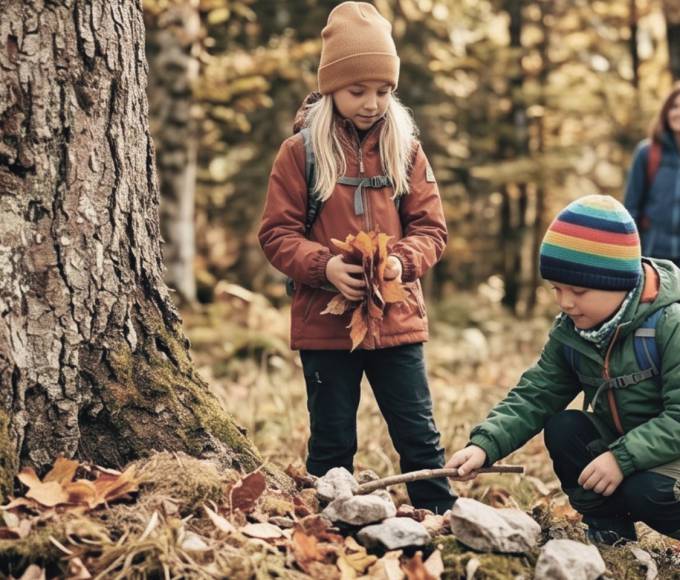 Kinder entdecken spielerisch die Natur im Wald während einer Familienwanderung in Maria Alm am Hochkönig, begleitet von ihren Eltern.