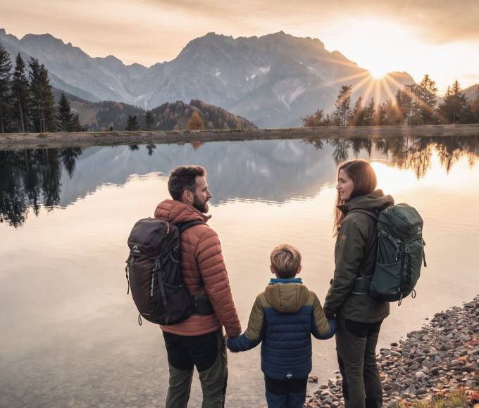 Familie genießt den Sonnenuntergang am Prinzensee mit Blick auf das Hochkönig-Massiv in Maria Alm.