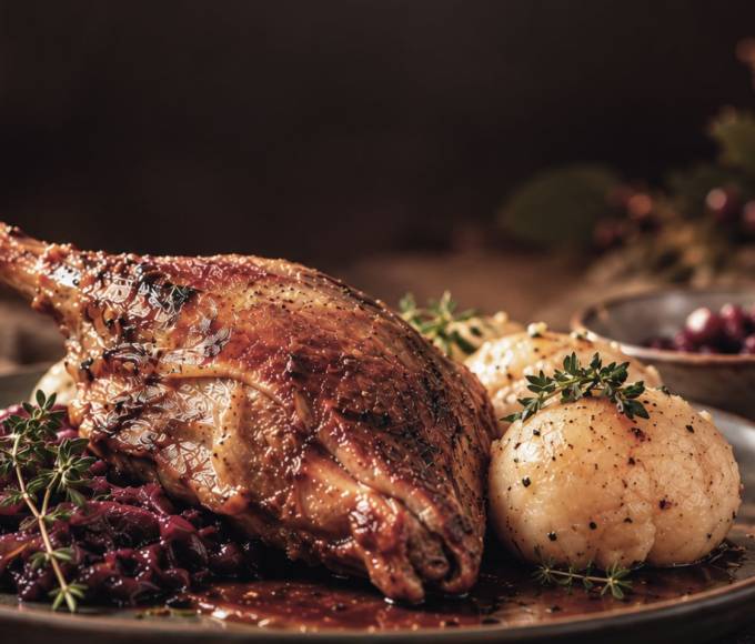 Knuspriges Martini-Gansl mit Rotkraut und Knödeln – kulinarischer Herbstgenuss zu Martini in der HOCHKÖNIGIN in Maria Alm am Hochkönig.
