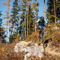 Mountainbiker fährt Waldpfad im Pinzgau entlang