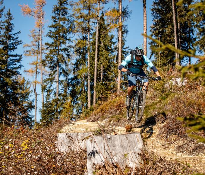 Mountainbiker fährt Waldpfad im Pinzgau entlang