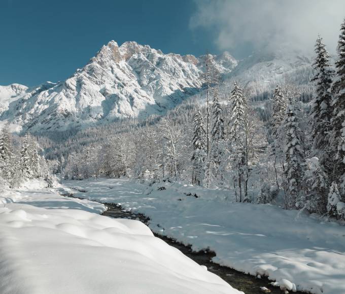 Winterlandschaft im Salzburger Land mit verschneiten Bergen und Bäumen