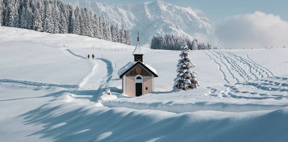 Winter landscape in Salzburger Land with snow-covered mountains and trees